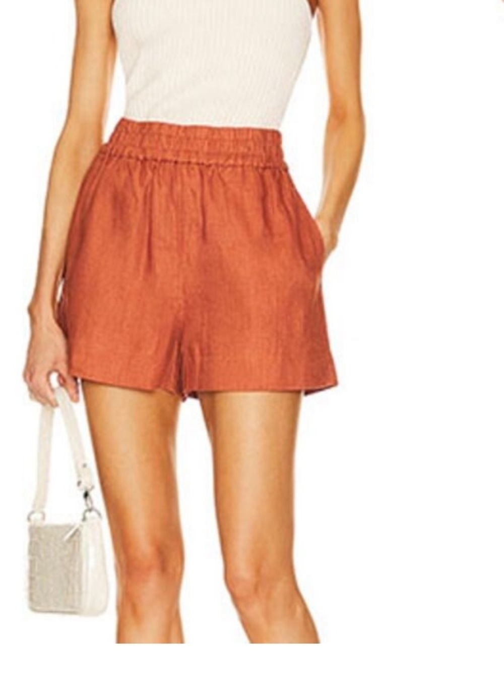 RHODE Shorts Linen Kina Pull On Style Elastic Waist clove color granola chic